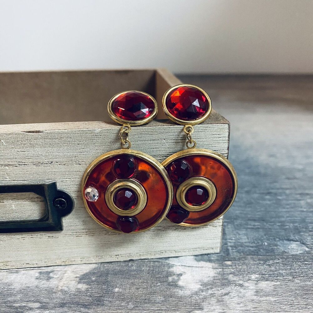 Vintage Light Weight Round Dangle Drop Abstract Red Earrings